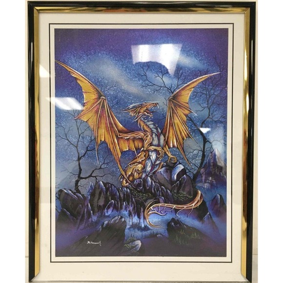 Peter E Pracownik Art Metallic Golden Dragon Blue Night Autographed Signature